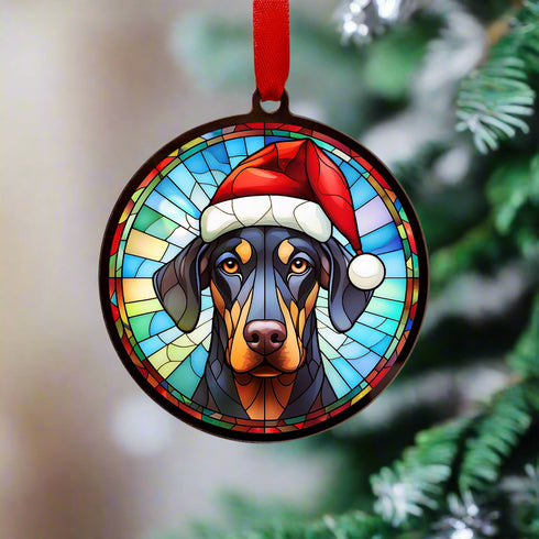 Doberman in Santa Hat Suncatcher Decoration